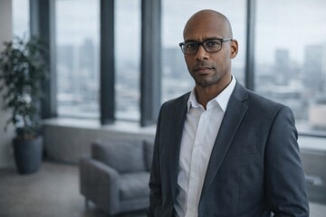 Fototapeta premium Confident bald african american businessman in suit and eyeglasses standing in modern office, looking at camera
