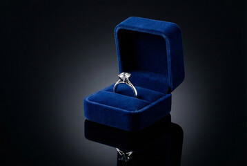 Diamond engagement ring in blue velvet box on dark background