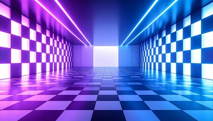 Futuristic corridor with checkerboard walls and floor, neon lights, and bright exit