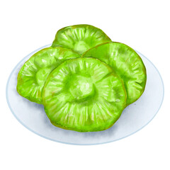 Kue cucur pandan Indonesian traditional cake watercolor illustration