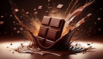 dark chocolate bar exploding in a liquid chocolate splash