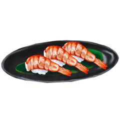 sushi nigiri shrimp Japanese traditional food watercolor illustration