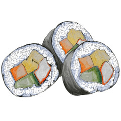sushi makizushi Japanese traditional food watercolor illustration