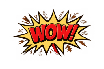 Wow comic speech bubble pop art style, autumn design with falling leaves, retro explosion effect