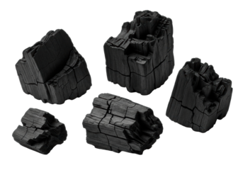 Raw, dark charcoal chunks with jagged edges and porous textures, varying sizes, isolated on a bright white background with clean copy space, harsh studio lighting casting sharp shadows, product