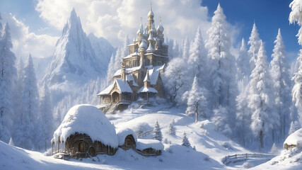 illustration of a beautiful winter landscape with mountains, forest and old architecture