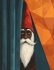 Whimsical scene featuring a gnome with a long red hat and white beard peeking from behind a teal velvet curtain, stands against a retro geometric wall in orange, evoking vintage charm and curiosity.