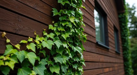 Ivy climbs a dark wooden house wall
