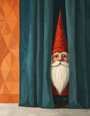 Whimsical scene featuring a gnome with a long red hat and white beard peeking from behind a teal velvet curtain, stands against a retro geometric wall in orange, evoking vintage charm and curiosity.