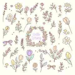 Spring Floral Clipart Set, pastel flowers, botanical wreaths, and decorative elements, a soft pastel spring floral featuring hand-drawn flowers, leaves, botanical sprigs, and  elegant floral wreath