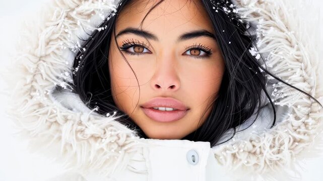 Winter Embrace: A portrait of a woman enveloped in a cozy winter coat, snow lightly dusting her features, showcasing her captivating beauty and a serene gaze.