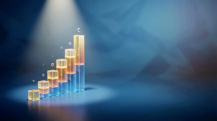 3D render of a luminous bar graph depicting business growth, progress, and success, highlighted by a spotlight on a dark blue background.