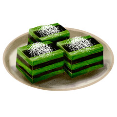Kue Lapis Jongkong Indonesian traditional cake watercolor illustration
