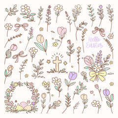 Christian easter floral clipart, cross with spring flowers and botanical wreath, christian easter floral clipart featuring a cross decorated with soft spring flowers and botanical elements