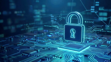 A glowing digital padlock on a futuristic blue circuit board, symbolizing cybersecurity, data protection, and network privacy.