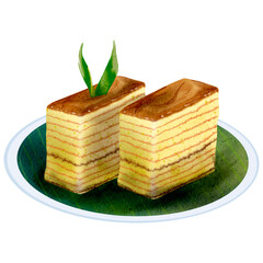 Kue Lapis legit Indonesian traditional cake watercolor illustration