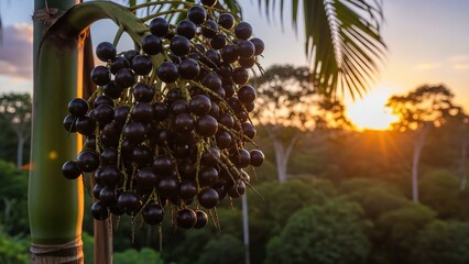 A cluster of black berries hanging amidst lush greenery at sunset