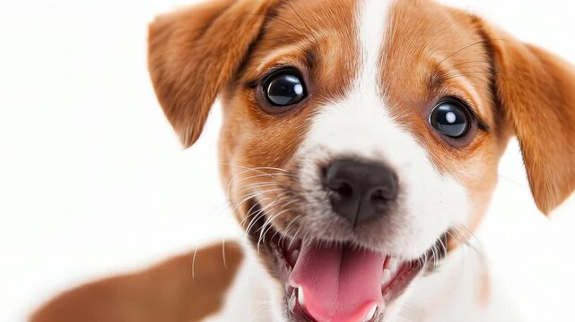 Joyful Puppy's Gaze: A close-up view of a puppy, radiating pure joy with its gleaming eyes and radiant smile, conveying warmth and unconditional affection.
