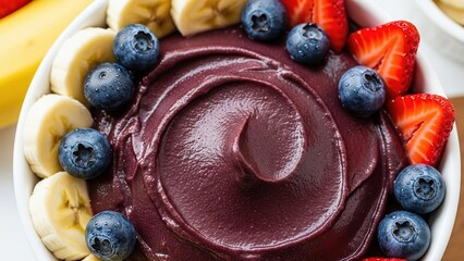A beautifully garnished acai bowl topped with fresh fruits and berries