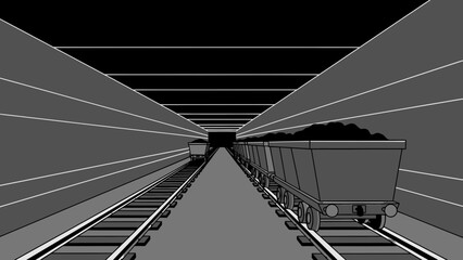 Fototapeta premium Coal Mine Cart on Tracks in Dark Tunnel Illustration.