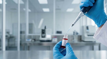 Scientist's gloved hands use a pipette to transfer liquid into a sample vial in a sterile, modern laboratory environment.