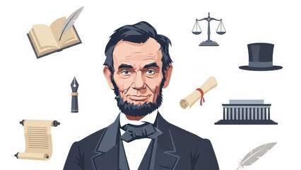 Abraham Lincoln surrounded by symbols of law and literature