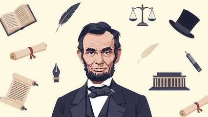 Abraham Lincoln surrounded by symbols of law and literature