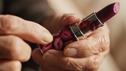 Elderly hands holding lipstick tube with intricate design, showcasing a rich maroon color. Concept of beauty, self-expression, and personal care.
