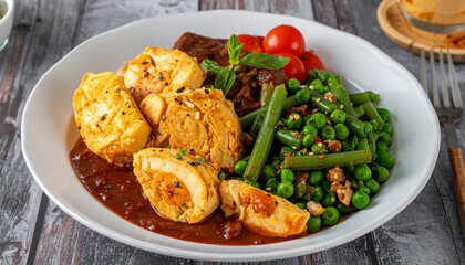 Close-up of a white plate with a colorful meal of stuffed chicken, vegetables, and sauce
