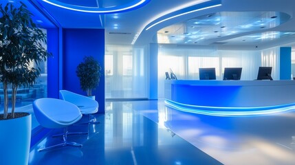 A blue room with a white wall and a blue counter