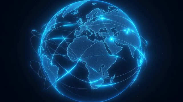 Global Network in Blue: An interconnected network wraps around a glowing globe, symbolizing global communication, data transfer, and the digital world.