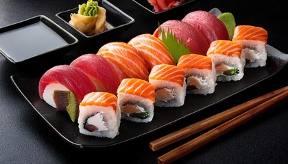 fresh assorted sushi rolls and nigiri with salmon and tuna on black plate