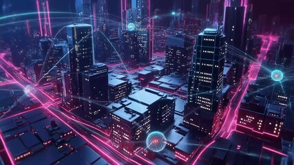 Futuristic neon city network abstract digital urban landscape glowing data connections and - Powered by Adobe