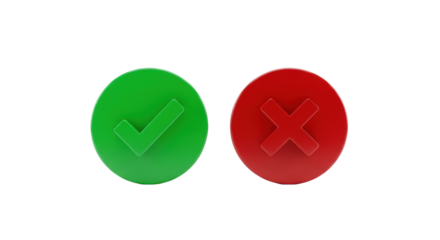A vibrant, 3D green check mark icon and a bold red cross mark icon, both glossy and perfectly smooth within circles, side-by-side on a transparent background with ample copy space, lit by even