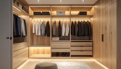 A spacious, organized walk-in closet with wooden shelves, hanging clothes, and drawers