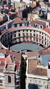 Round Square In Valencia Valence Community Spain. Capturing The Hustle And Bustle Of A Vibrant City From Above. Business Clouds Sky Downtown Cityscape. Outdoors Downtown Up Above.