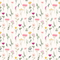pink yellow wildflower watercolor seamless pattern