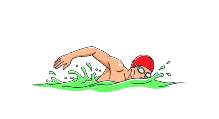 Gender-neutral streamlined athletic swimmer in vibrant red cap and clear goggles, mid-freestyle stroke with dynamic splashes in bright light green water, against a transparent background with copy