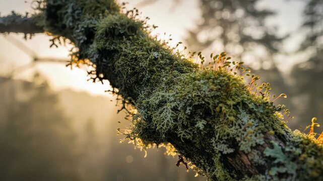 Vibrant green moss and delicate lichen cover a tree branch. Golden sunlight illuminates tiny water droplets on the sporophytes. A serene and fresh natural forest environment