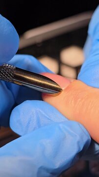 Close-up video of cuticle care during a manicure procedure. A technician uses a pusher tool on a female client's fingernail. Nail care procedure in a beauty salon. Female hands and tools for manicure
