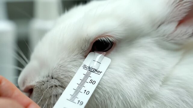 Close up of a white rabbit's eye undergoing a medical test with a Schirmer tear test strip in a laboratory setting with