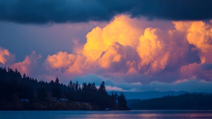 Golden clouds majestically light up above a serene lake at twilight, reflected on the calm water near a forest with a dramatic dark blue and purple sky.