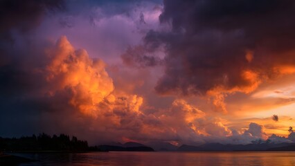 Dramatic clouds illuminated by the setting sun create a breathtaking panorama of orange, purple, and deep blue colors over a tranquil sea landscape at twilight.