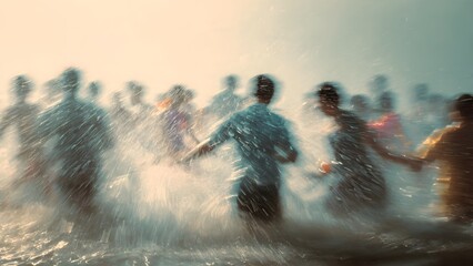 A group of people run through the ocean water, creating a splash of energy and excitement on a bright and sunny day filled with happiness and freedom.