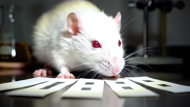 White laboratory rat with red eyes investigates test strips in a dimly lit research setting with scientific equipment