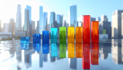 Colorful bar graph rises, representing growth, against a blurred city skyline