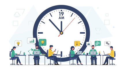 Fototapeta premium Teamwork at 19 AM Collaborative Work Session with Clock.