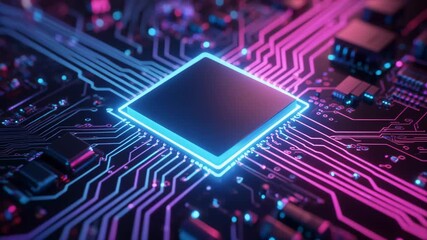 Digital circuit board with glowing microchip and data connections. Futuristic technology background. Glowing neon circuit board pathways with central processor glowing blue and pink lights. - Powered by Adobe