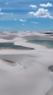 Lencois Maranhenses In Santo Amaro Maranhao Brazil. Natural Freshwater Lagoon Nestled Between White Sand Dunes. Coast Clouds Sky Seaside Summertime. Coast Panorama. Santo Amaro Maranhao.