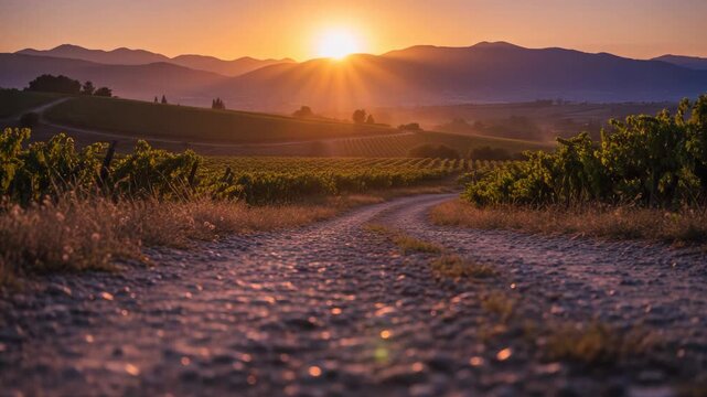 Golden sunset over a winding dirt road through lush vineyards. Majestic mountains frame the horizon with warm, radiant light. Idyllic rural landscape perfect for travel and nature themes